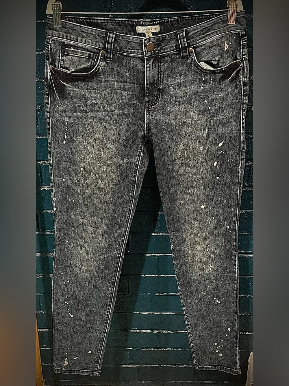 CAbi Black Acid-Wash Skinny Jeans with White Paint Accents